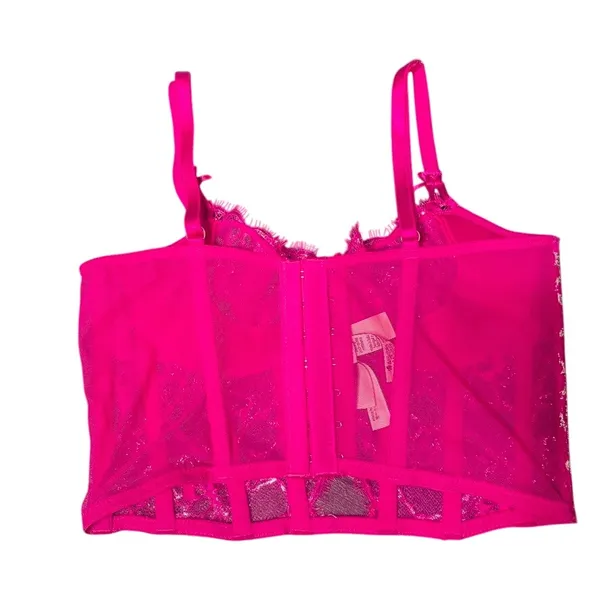 Victorias Secret‎ Dream Angels Pink Silver Metallic Floral Lace Corset Top Small - Image 4