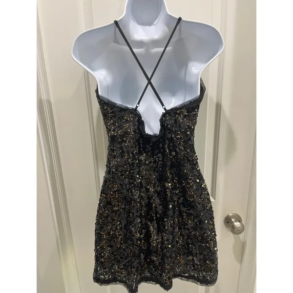 NBD x Revolve Sloan Metallic Black & Gold Sequins Spaghetti Strap Mini Dress M - Image 6