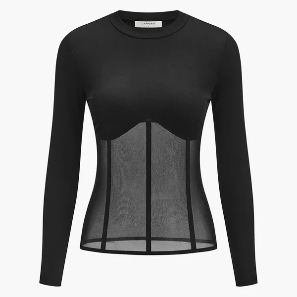 CoMMENSE Sheer Mesh Combination Long Sleeve Top Black Large Sold Out NWT - Image 2