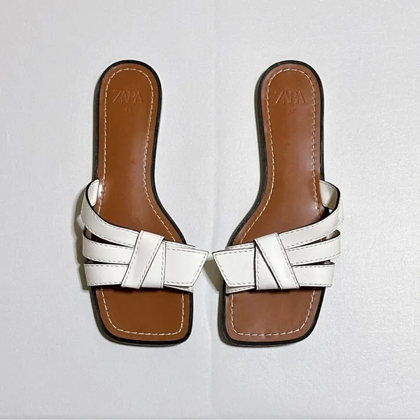 Zara White Topstitched Low Heeled Sandals- EU 37 - Image 5