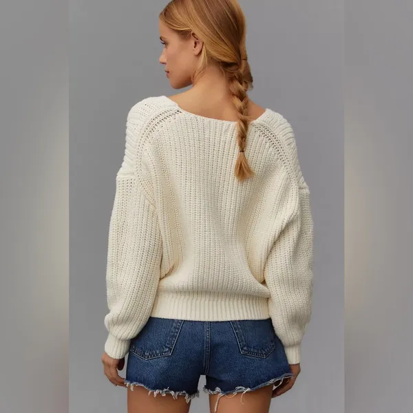 Anthropologie x Maeve V-Neck Sculptured Pullover Sweater - Off White - Image 4
