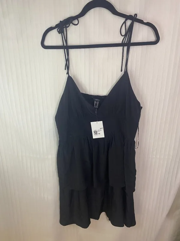 Forever 21 Women’s Black Tiered Mini Dress XL Tie Strap Babydoll NWT - Image 2