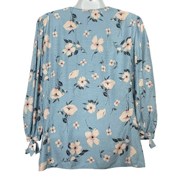 Rebecca Taylor Daniella Floral Blouse Dot Pattern Blue V-Neck Top Tie Cuff Women - Image 5