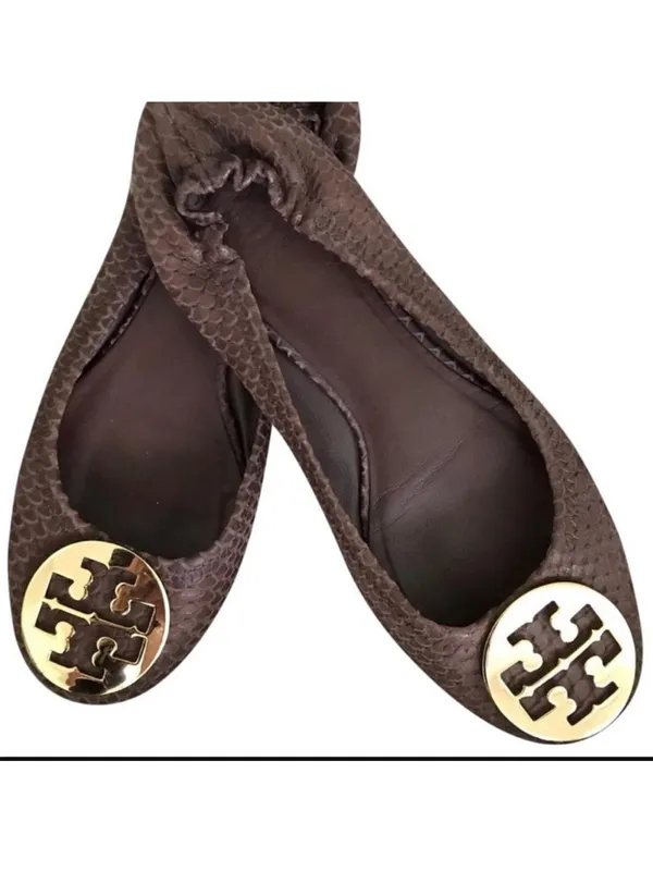 Tory Burch Reva Chestnut Brown Textured Snakeskin-print Leather Ballet Flats 6.5 - Image 2