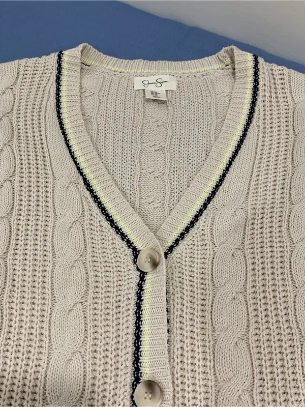 Jessica Simpson Beige Cable Knit Ribbed Trim V-NECK Cardigan XS - Image 2