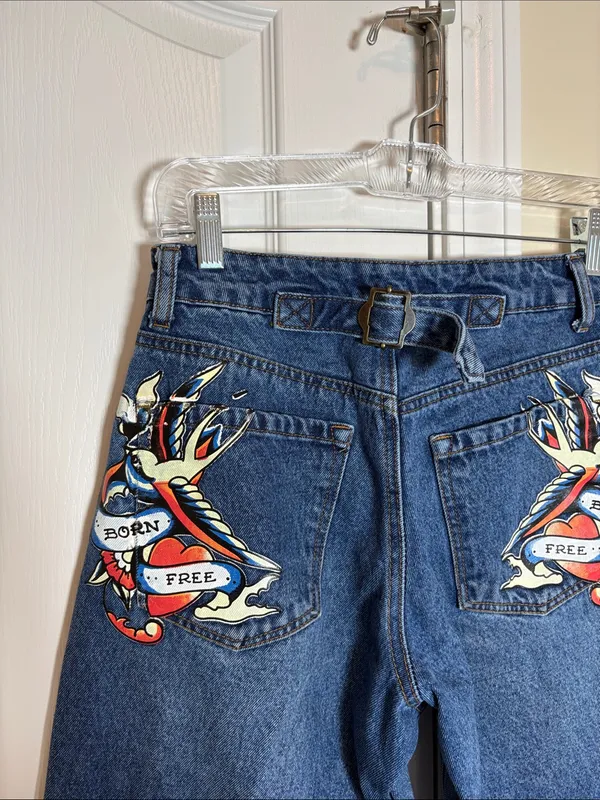 Ed Hardy Women’s 26 Brave Eagle Wide Leg Grunge Y2K Blue Denim Jeans - Image 8