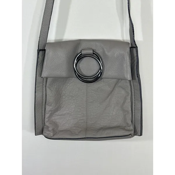 Vince Camuto Grey‎ Pebbled Leather Crossbody Bag Ring Detail Adjustable Strap - Image 2