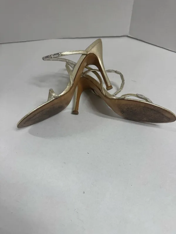 Stuart Weitzman Metallic Gold Leather‎ Strappy Sandals - Size 8. - Image 14