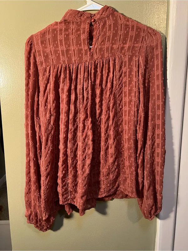 Hazel Women’s Size Small Blouse Long Sleeve Mock Neck Crochet Swiss Dot Metallic - Image 6