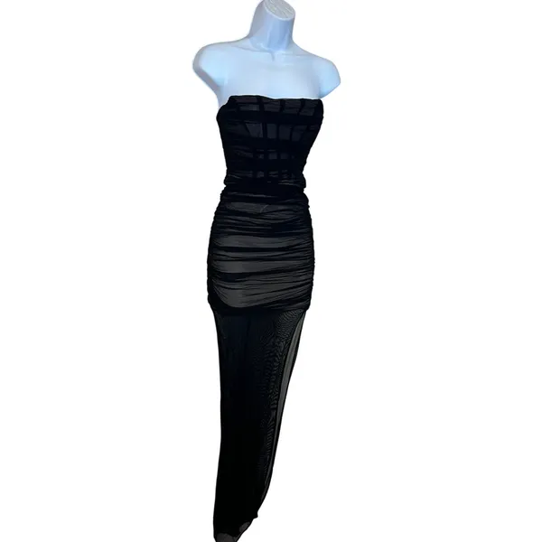 Nookie Black Mesh Ruched Maxi Dress XS Bustier Slimming Bodycon Designer $380 - Image 10