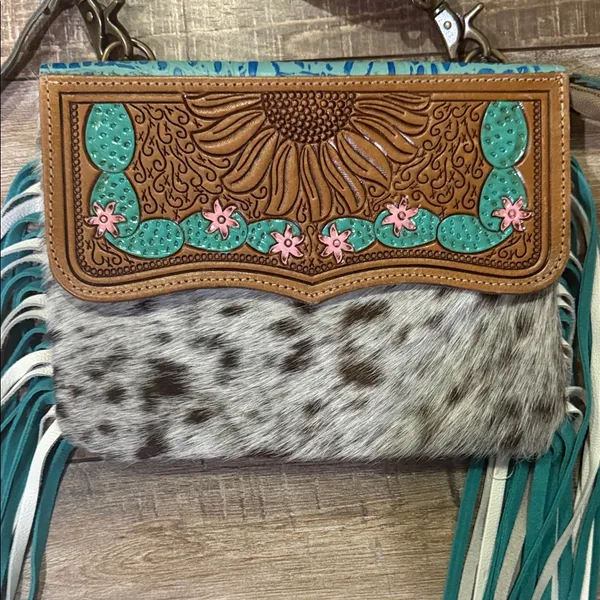 Myra Bag Turquoise and Brown Fringe Crossbody - Image 4