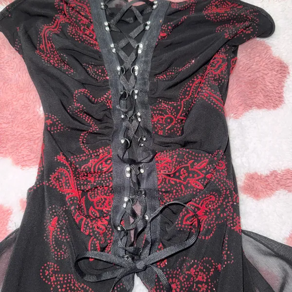 🔥 Y2K Gothic Fairy Corset Top – Black & Red Paisley Lace-Up Camisole w/ Sheer Flowy Panels (Size S) 🖤 - Image 4