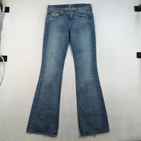 7 For All Mankind 27 Jeans Flare Low Rise Boho Retro Distressed Medium Blue Wash - Image 3