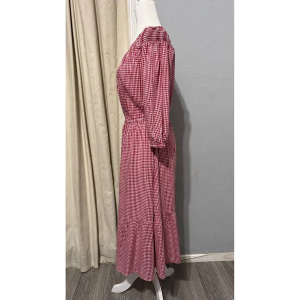 Old Navy Cotton Blend Dress S Red Gingham Smocked Off Shoulder Tiered Midi Dress - Image 12