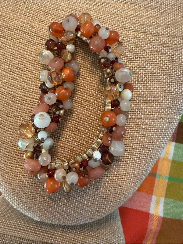 Boho Cluster Bead Wrap Stretch Bracelet, Earth Tones -Orange & Cream - Image 4
