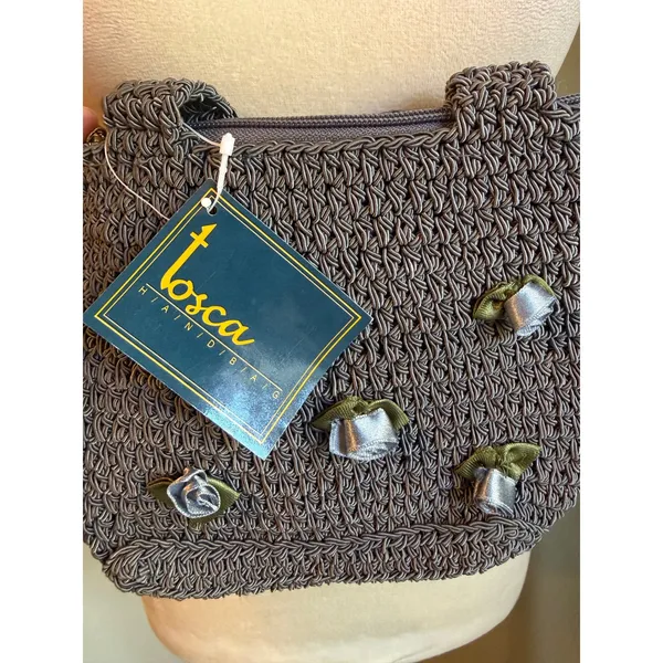 Tosca Handbag Grey blue Crochet Floral Ribbon Rose Mini Tote Zip boho Bag NEW y2 - Image 3