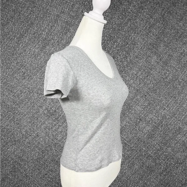 Light Gray Cotton V-Neck T-Shirt - Image 3