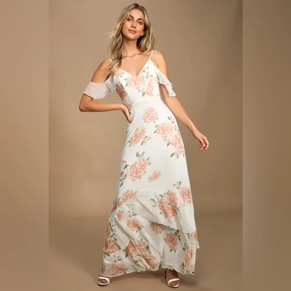 Lulus Take You‎ There Floral Print Maxi Dress in Ivory Size Small - Image 13