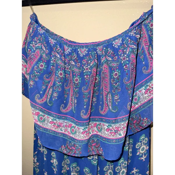 Soprano Blue Paisley Floral Strapless Ruffle Popover Maxi Dress Womens S Festival Resort - Image 4