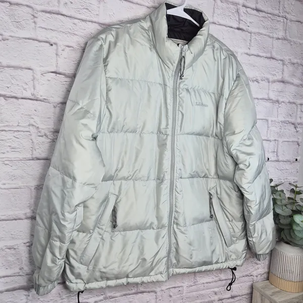LL Bean Womens Large Goose Down Puffer Jacket Coat Vintage Silver Metallic Gray - Image 3