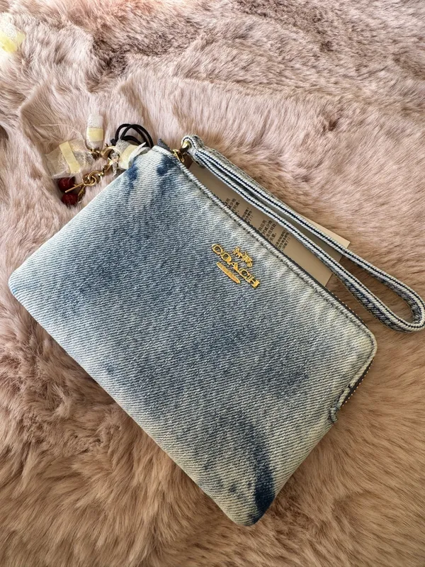 NWT Coach Corner Zip Wristlet Loved Denim With Charms CEF82 Gold/Light Indigo - Image 3