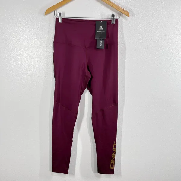 Virus x Onnit Hi-Waist Performance‎ Leggings M Women Maroon Gold Logo Training - Image 3