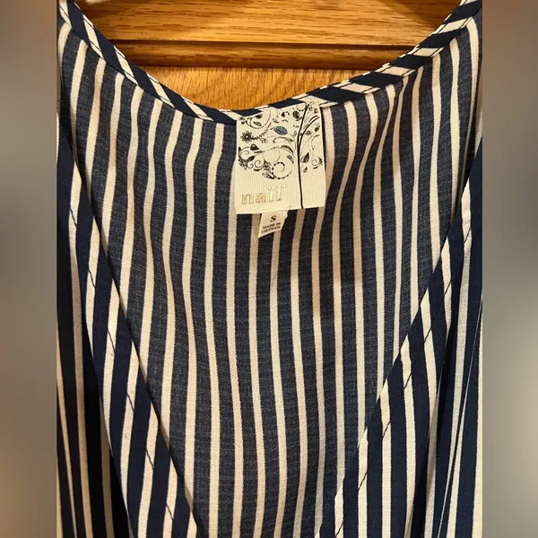 Naif by Anthropologie Blue & White Stripe‎ V-Neck Ruffle Tie Wrap Dress Small - Image 5