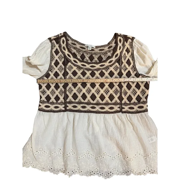 Crochet Lace Peplum Top Ivory Brown Eyelet‎ Sz XL - Image 6