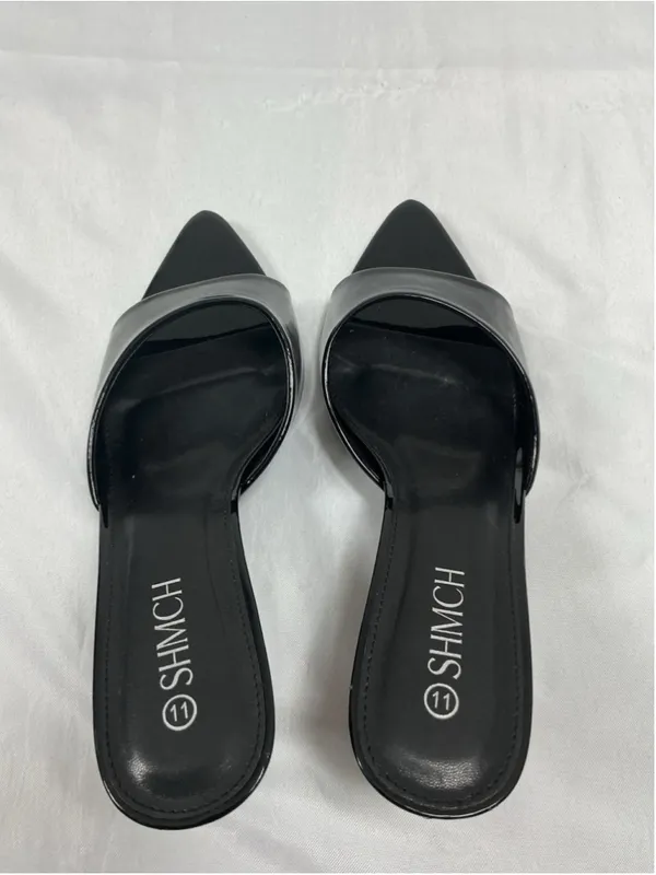 Womans Excellent Shmch Slip On Stiletto Mules Size 11 Black Open Pointed Toe - Image 5