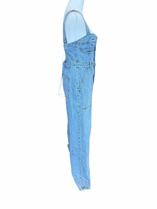 Lulus Denim Jumpsuit Sz Medium NWT Light Wash Date Night Out Brunch Bustier Fall - Image 4