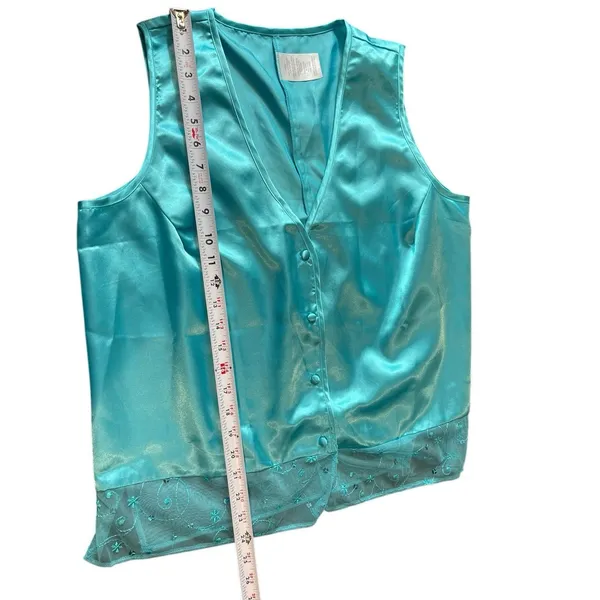 Aqua Blue Satin Feel Sleeveless Button Lace Top Shorts Pajama Set 1XLT - Image 11