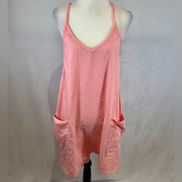 Boutique Pink pocketed cotton blend vneck jersey romper size large - Image 3