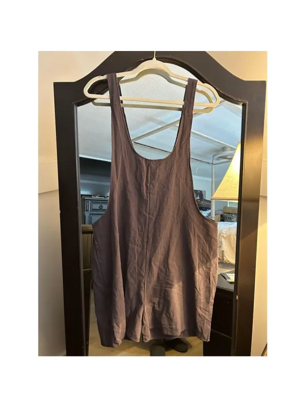 NEW Cotton Linen Romper Overalls Jumpsuit Shorts L Gray 85% Cotton, 15% Linen C - Image 3