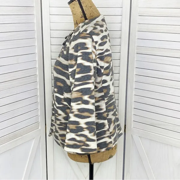 East 5th Animal‎ Leopard Print Ponte Knit Crop Blazer Jacket White Tan Medium - Image 2