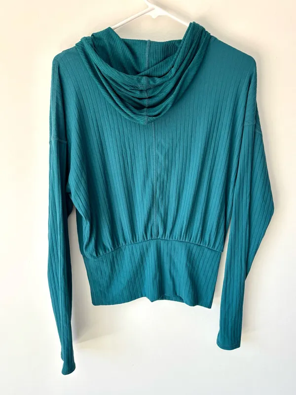 Free People Movement Teal Ribbed Long Sleeve Lightweight Hoodie Fitted Waist - Image 7