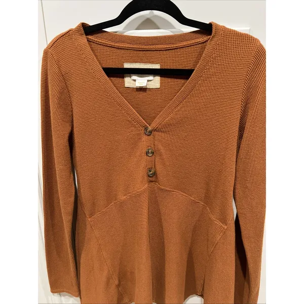 Anthropologie Maeve Eliza Henley Babydoll Tunic Top Brown Waffle Knit‎ Boho - Image 3