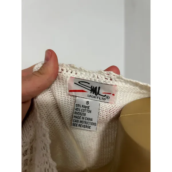 SWL Sport Ltd Womens Cream Crochet Open Knit Short Sleeve Cardigan Sweater Small - Image 4