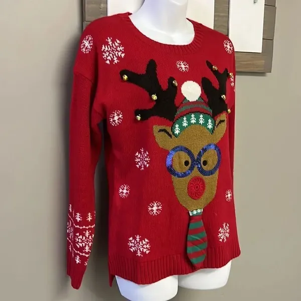 United States Sweater Red Christmas Crewneck Sweater with Reindeer & Bells-Small - Image 4