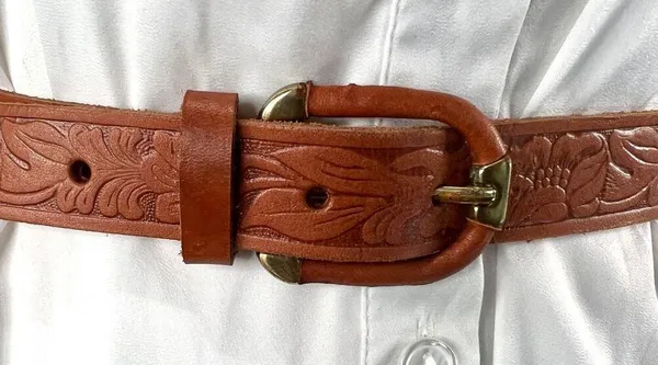 Tooled Leather Belt The Ritz Accessories Floral Motif Tan - Image 3