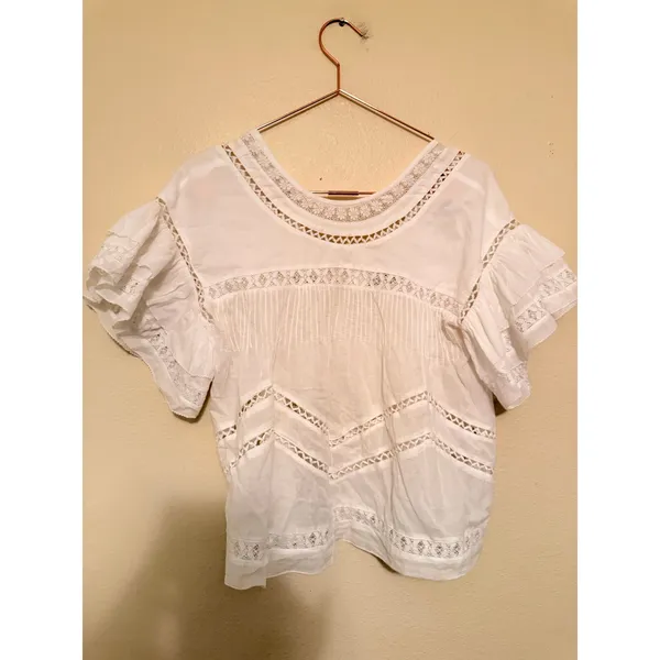 Saylor Blouse Womens Small White Lace Trimmed Ruffle Sleeve Boho Summer Top - Image 5