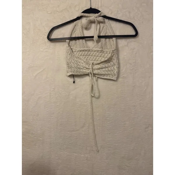 Romwe Crochet Halter Top Cream Boho Knit Lace Up Back Crop Top XS‎ - Image 5