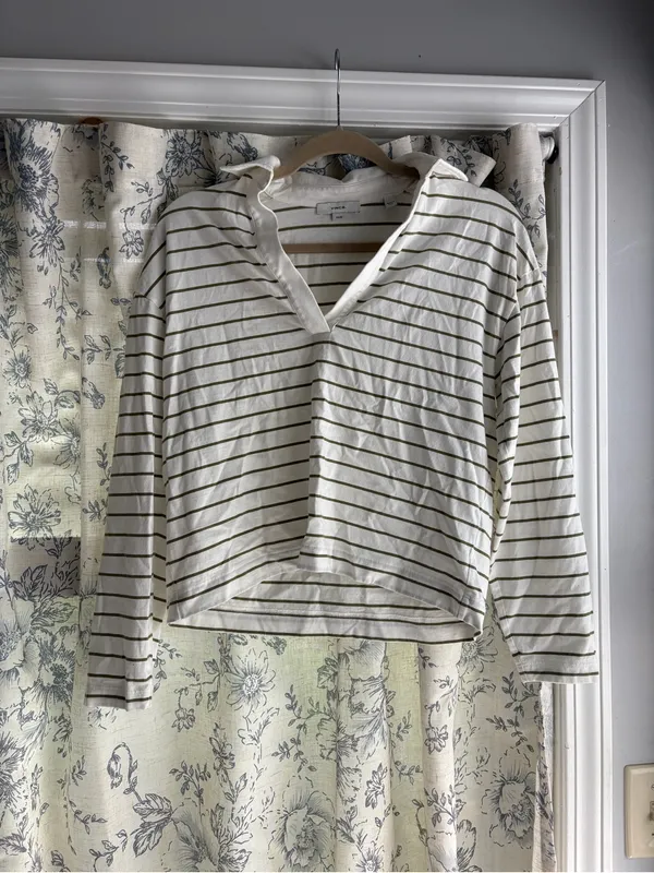 Vince Easy Polo Striped Cotton Long Sleeve Women’s Top Olive Stone - Image 6
