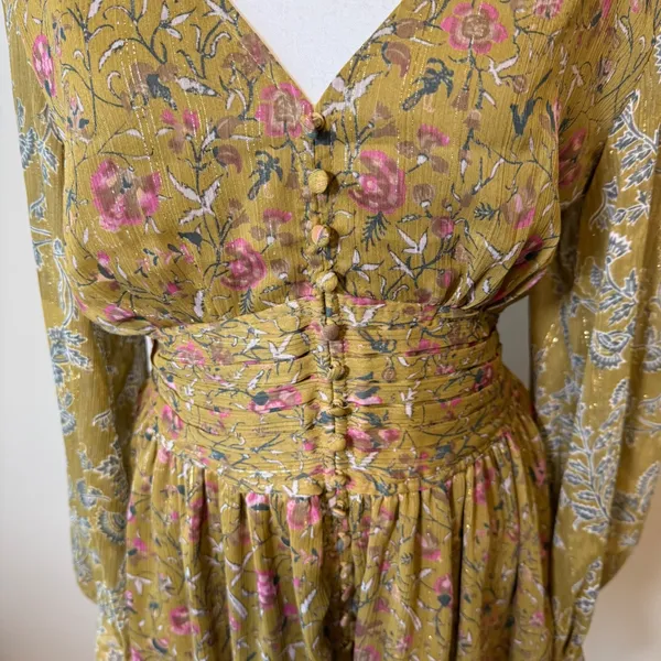 House of Harlow Mini Dress M Mustard Floral Smocked V-Neck Romantic Whimsgoth - Image 6