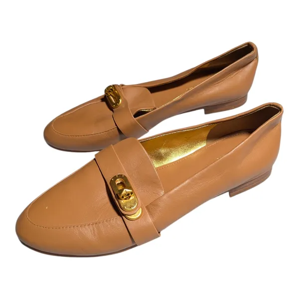 Donna Karan Thompson Turn Lock Buckle Camel Tan Leather Classic Loafers Sz 6 - Image 7