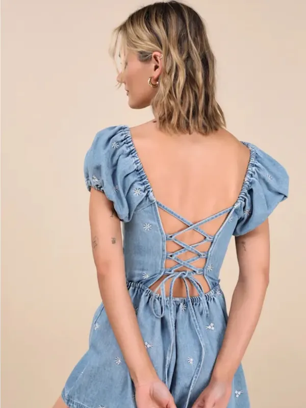 Lulus Embroidered Denim Romper Puff Sleeve Cottagecore Light Wash - Image 2