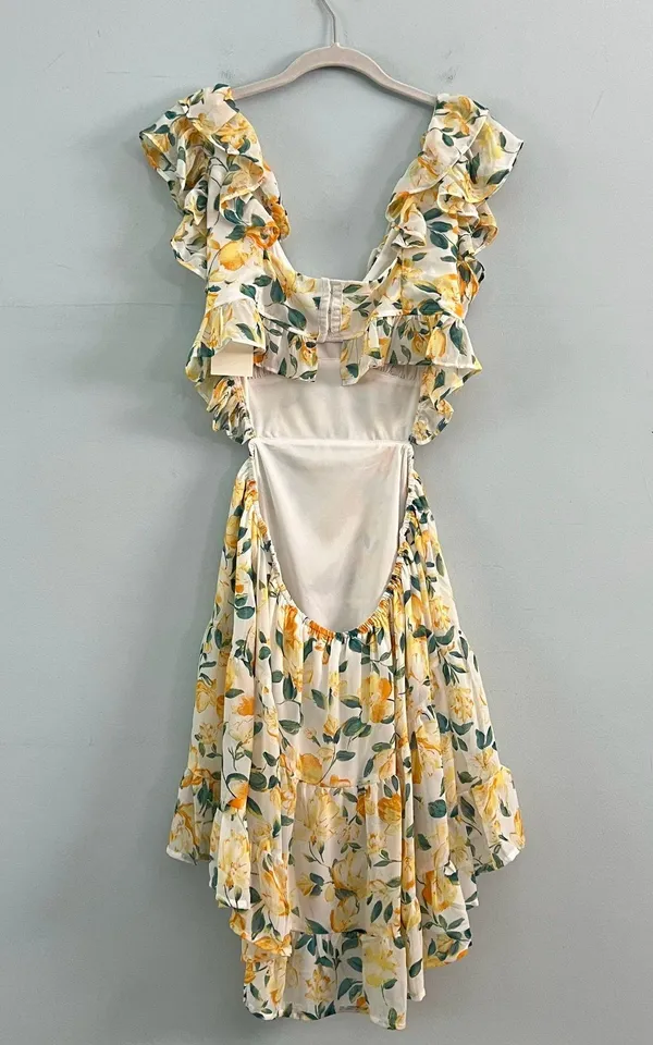 NWT Yellow Floral Print Flutter Sleeve Ruffle Cutout White Dress - Image 6