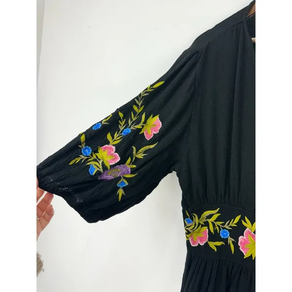 Asos Black Floral Embroidered Midi Dress 8 Button Short Sleeve Dark Cottage Boho - Image 4