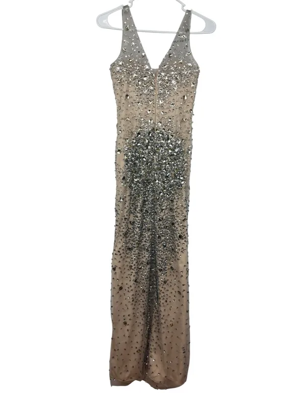 NIGHT STUDIO Couture Nude Illusion Crystal Beaded Gown Formal Evening Dress - Image 5
