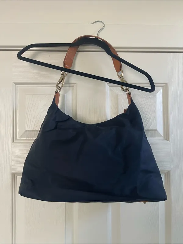 Dooney & Bourke Navy Blue Nylon Hobo Shoulder Bag W/ Brown Leather Trim Tassel - Image 3