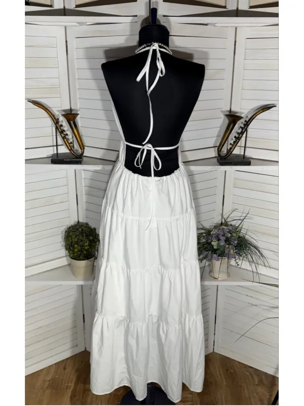Vintage Y2K maxi dress backless plunge white tiered coquette boho fairy cocktail - Image 2
